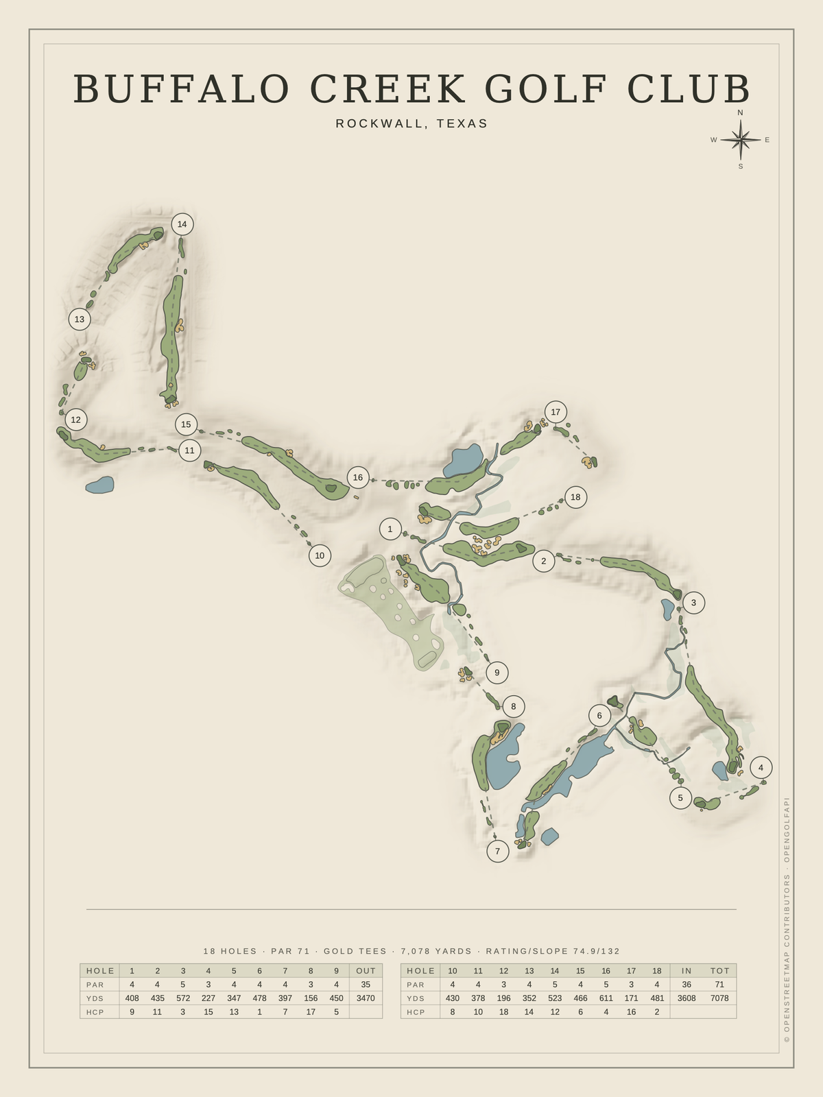 Buffalo Creek Golf Club course map poster, Classic style, 12×16 / 18×24