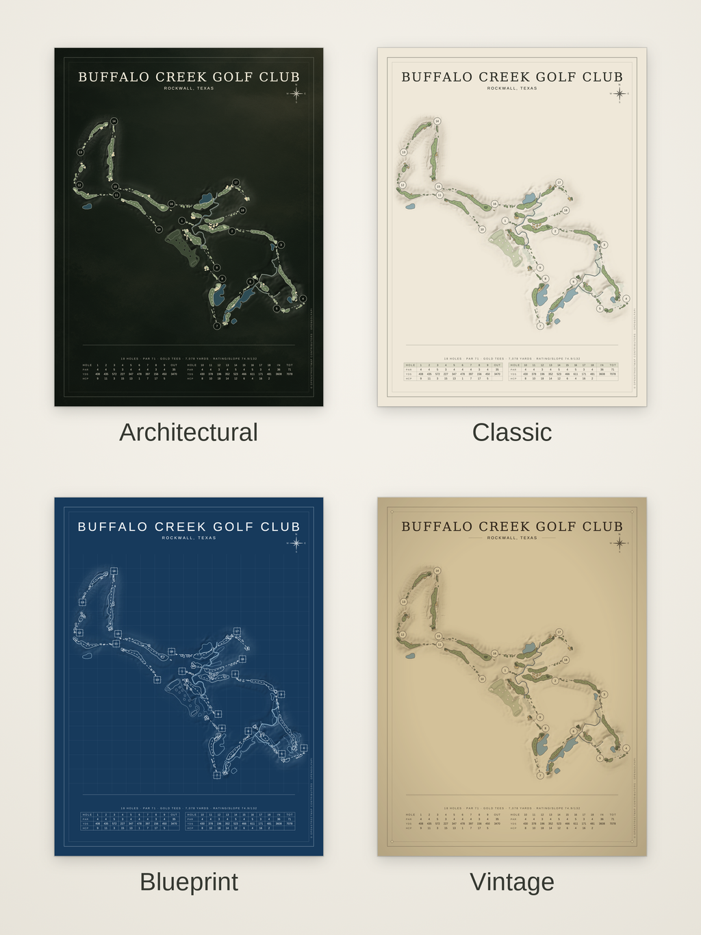 Buffalo Creek Golf Club course map poster in four styles: Architectural, Classic, Blueprint and Vintage