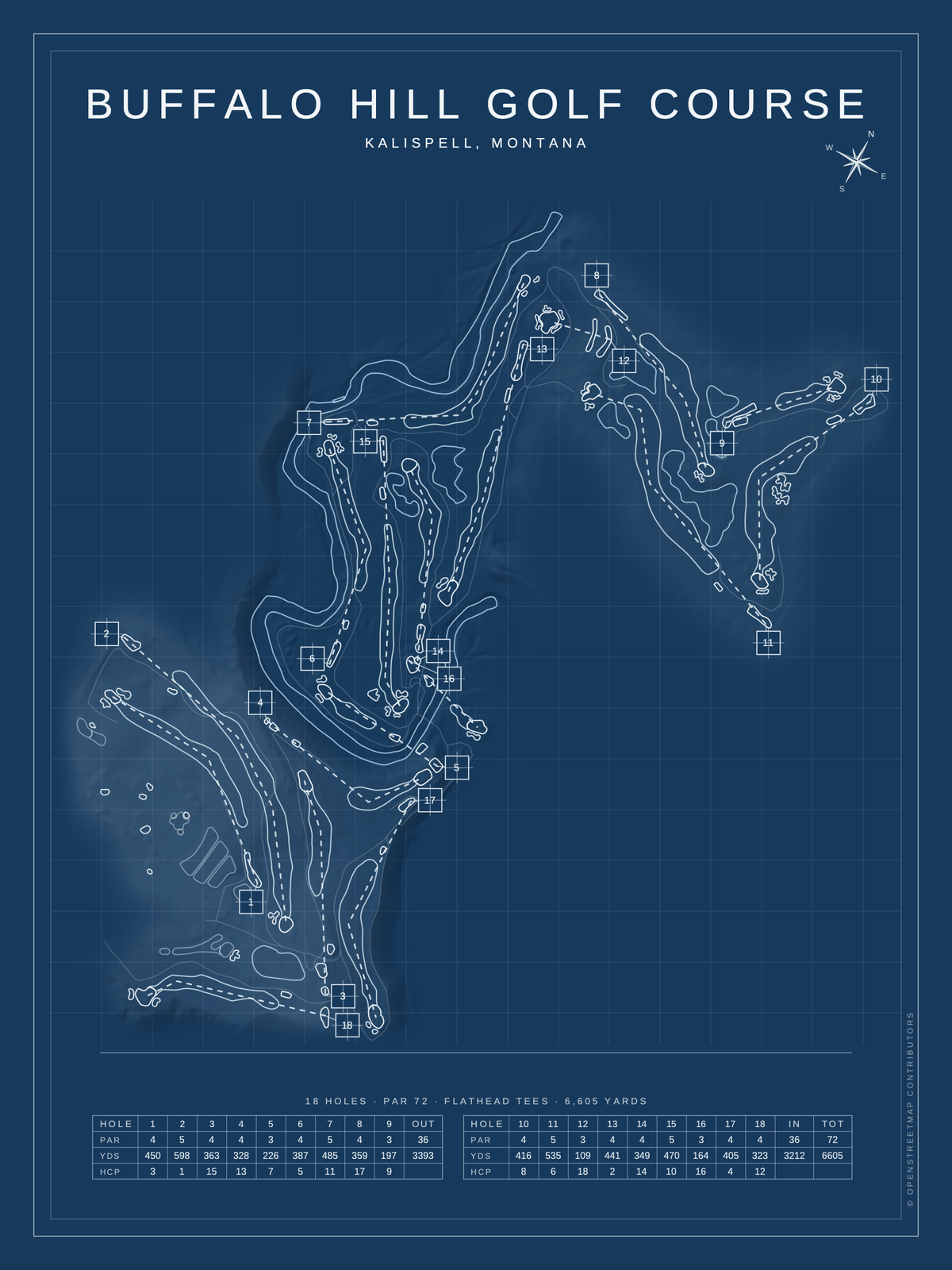 Buffalo Hill Golf Course map poster, Blueprint style, 12×16 / 18×24