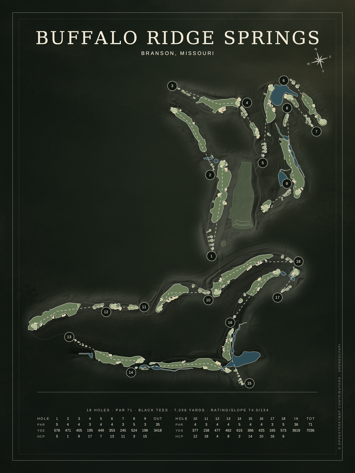 Buffalo Ridge Springs course map poster, Architectural style, 12×16 / 18×24