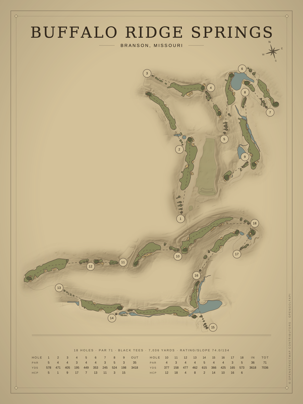 Buffalo Ridge Springs course map poster, Vintage style, 12×16 / 18×24