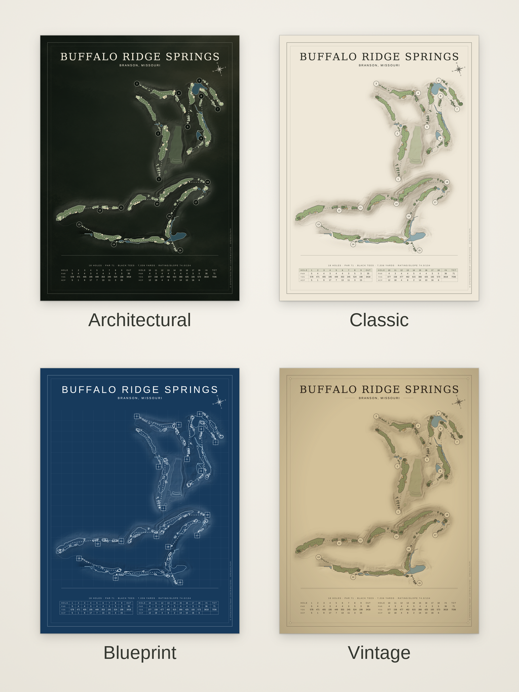 Buffalo Ridge Springs course map poster in four styles: Architectural, Classic, Blueprint and Vintage