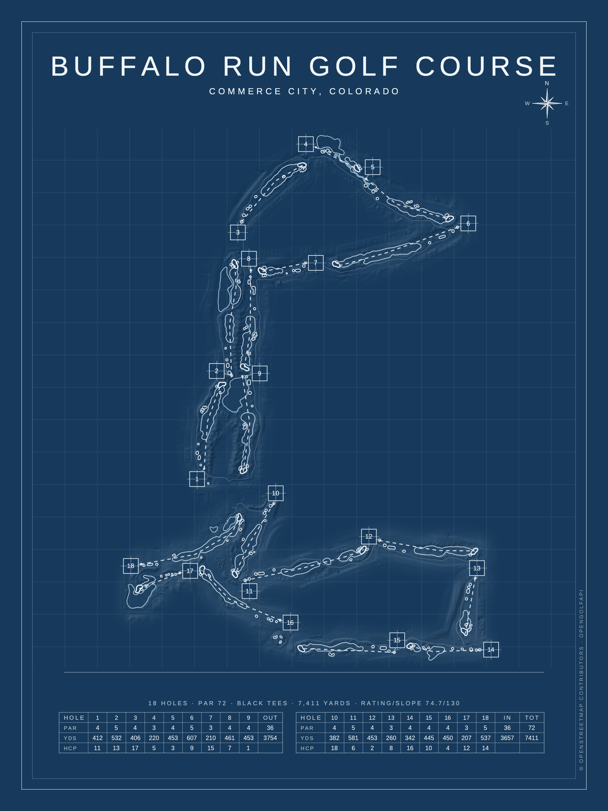 Buffalo Run Golf Course map poster, Blueprint style, 12×16 / 18×24