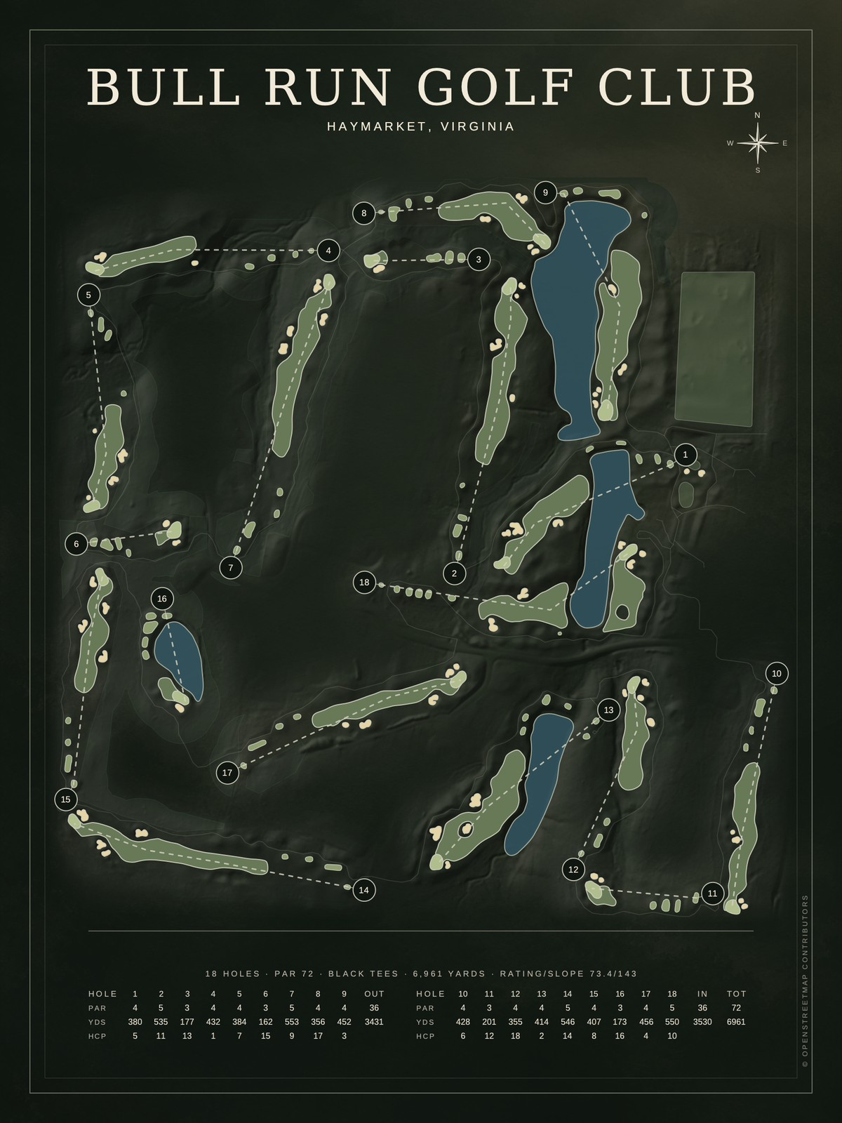 Bull Run Golf Club course map poster, Architectural style, 12×16 / 18×24