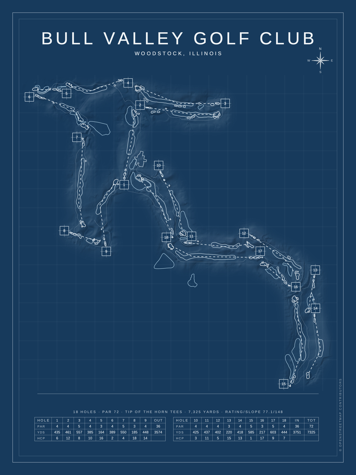 Bull Valley Golf Club course map poster, Blueprint style, 12×16 / 18×24