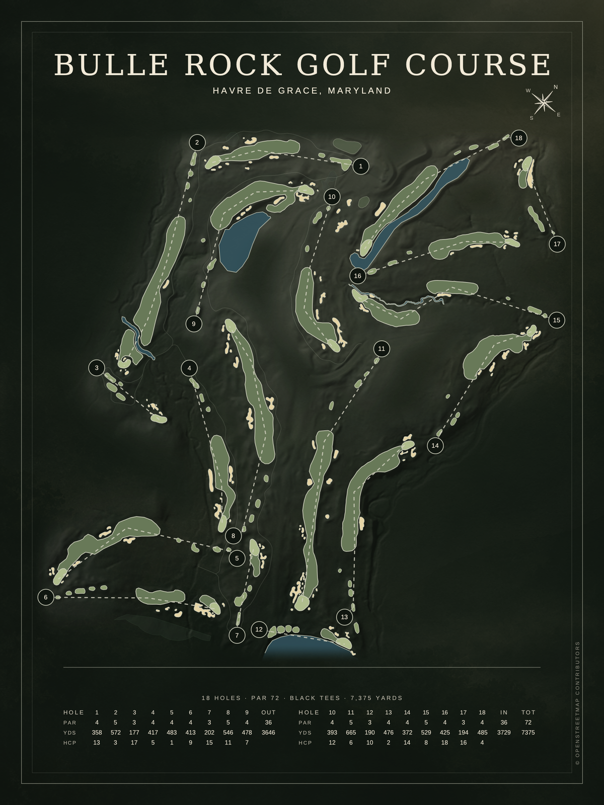 Bulle Rock Golf Course map poster, Architectural style, 12×16 / 18×24