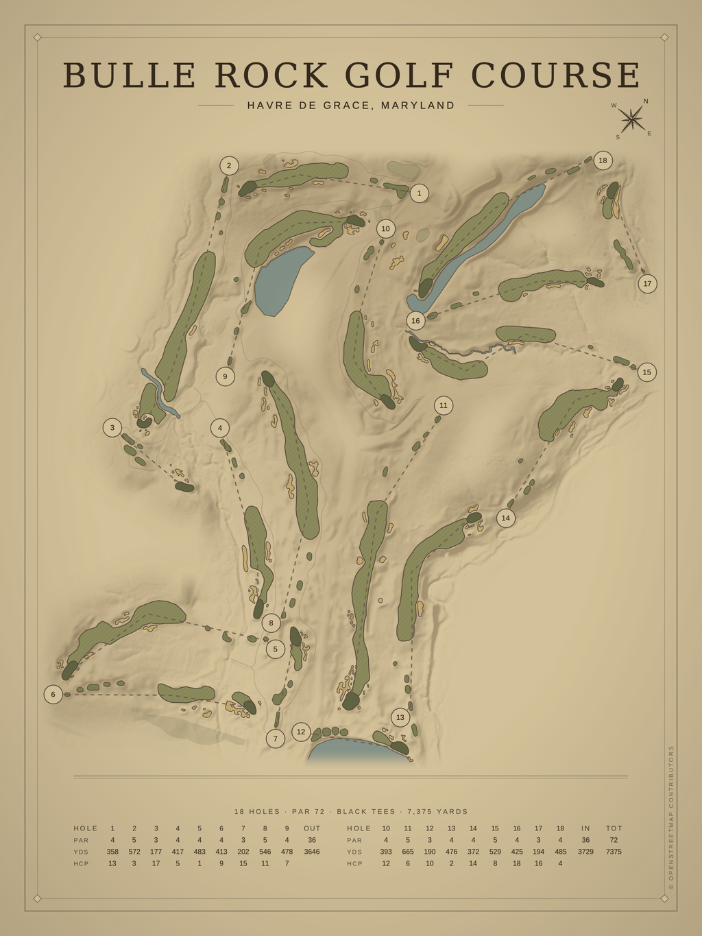 Bulle Rock Golf Course map poster, Vintage style, 12×16 / 18×24