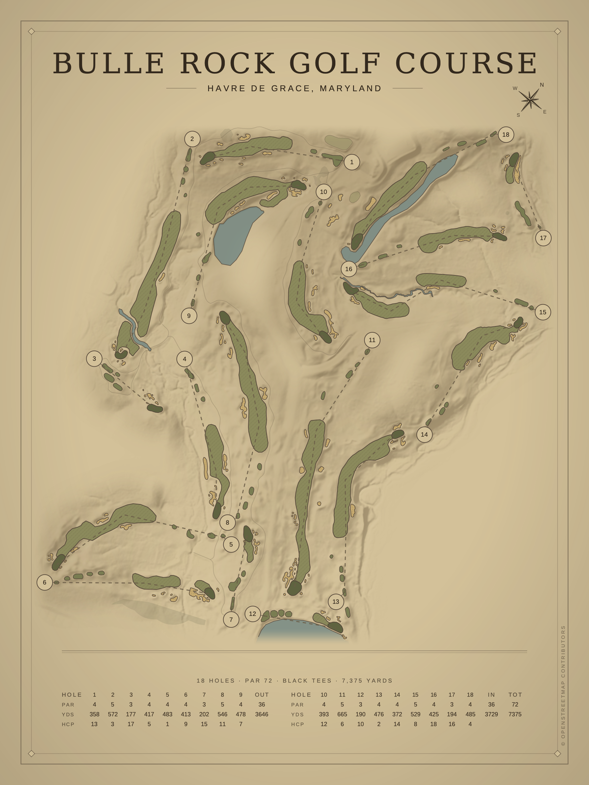 Bulle Rock Golf Course map poster, Vintage style, 12×16 / 18×24