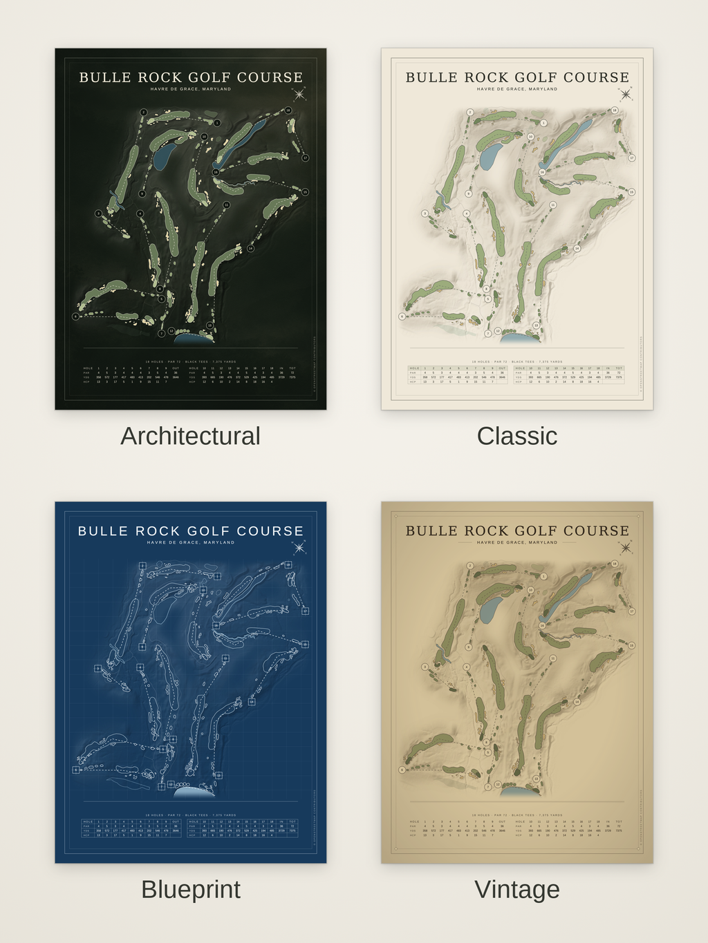 Bulle Rock Golf Course map poster in four styles: Architectural, Classic, Blueprint and Vintage