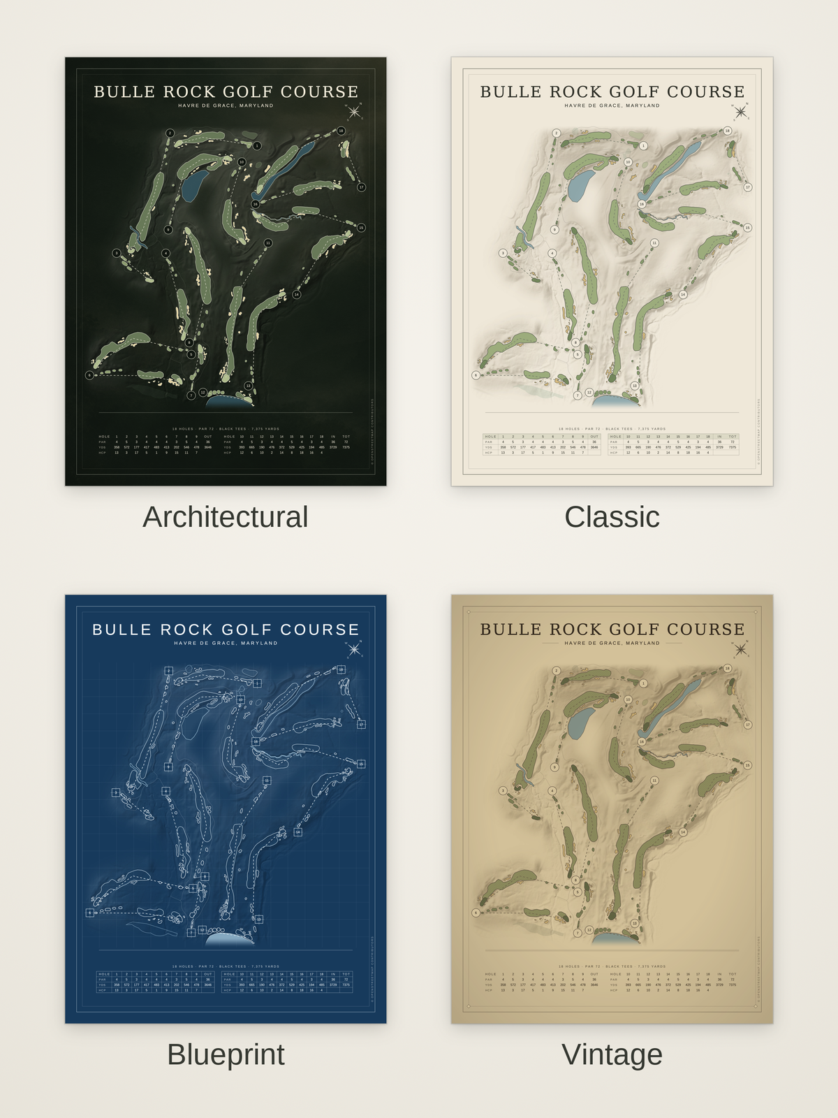 Bulle Rock Golf Course map poster in four styles: Architectural, Classic, Blueprint and Vintage