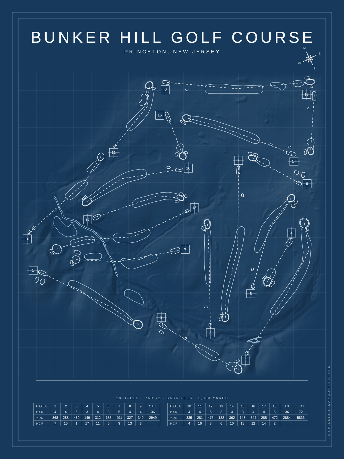 Bunker Hill Golf Course map poster, Blueprint style, 12×16 / 18×24