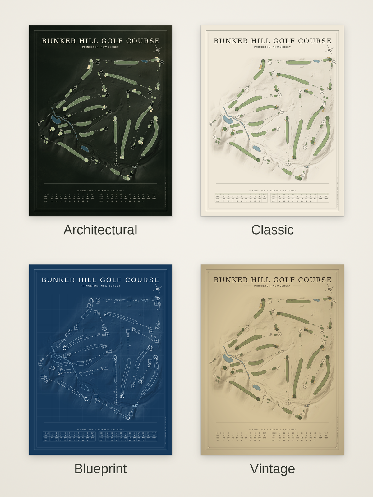 Bunker Hill Golf Course map poster in four styles: Architectural, Classic, Blueprint and Vintage