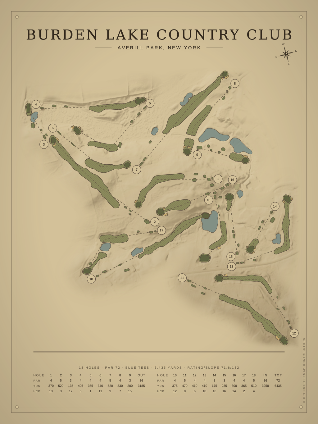 Burden Lake Country Club course map poster, Vintage style, 12×16 / 18×24