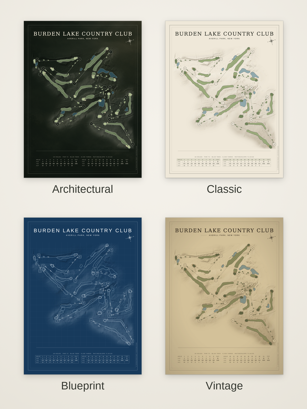 Burden Lake Country Club course map poster in four styles: Architectural, Classic, Blueprint and Vintage