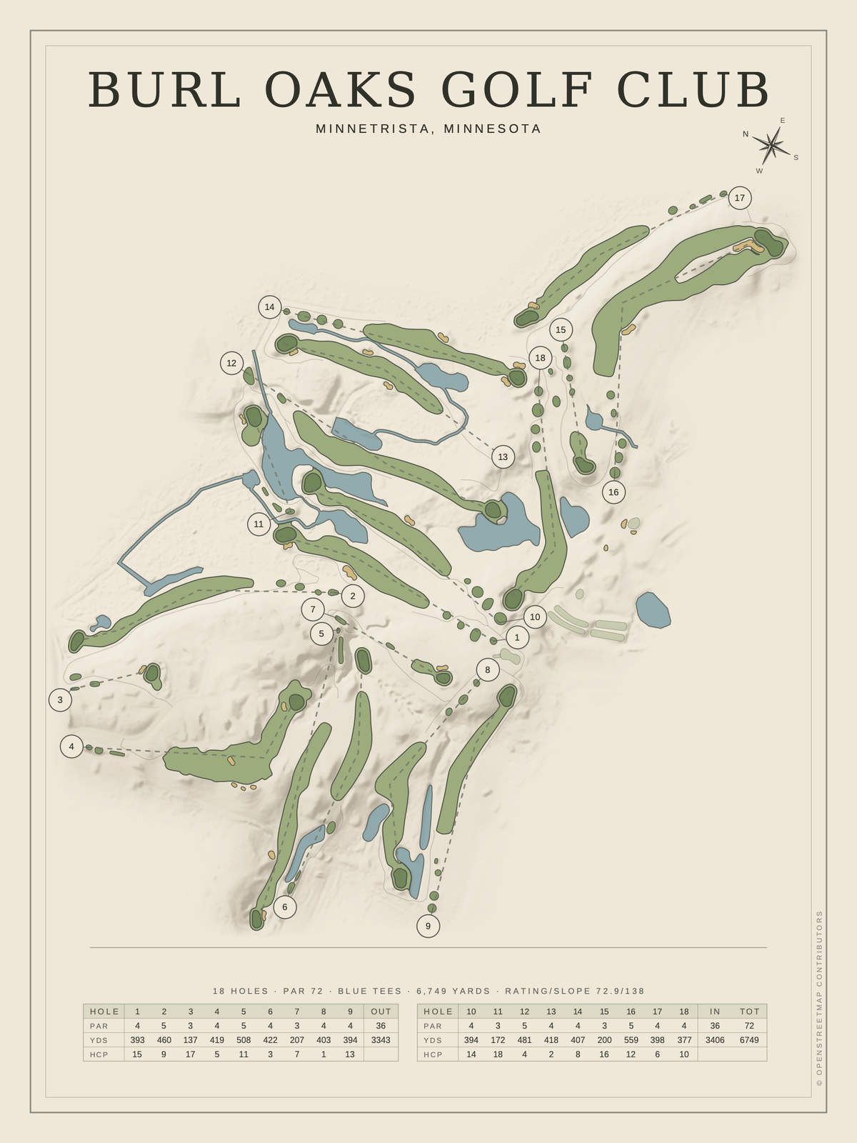 Burl Oaks Golf Club course map poster, Classic style, 12×16 / 18×24