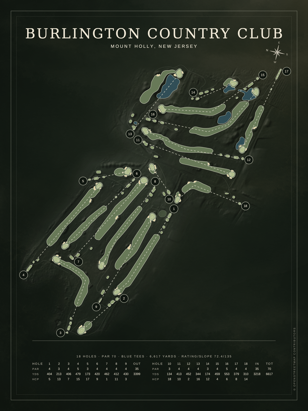 Burlington Country Club course map poster, Architectural style, 12×16 / 18×24