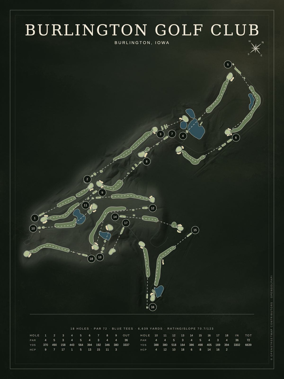 Burlington Golf Club course map poster, Architectural style, 12×16 / 18×24