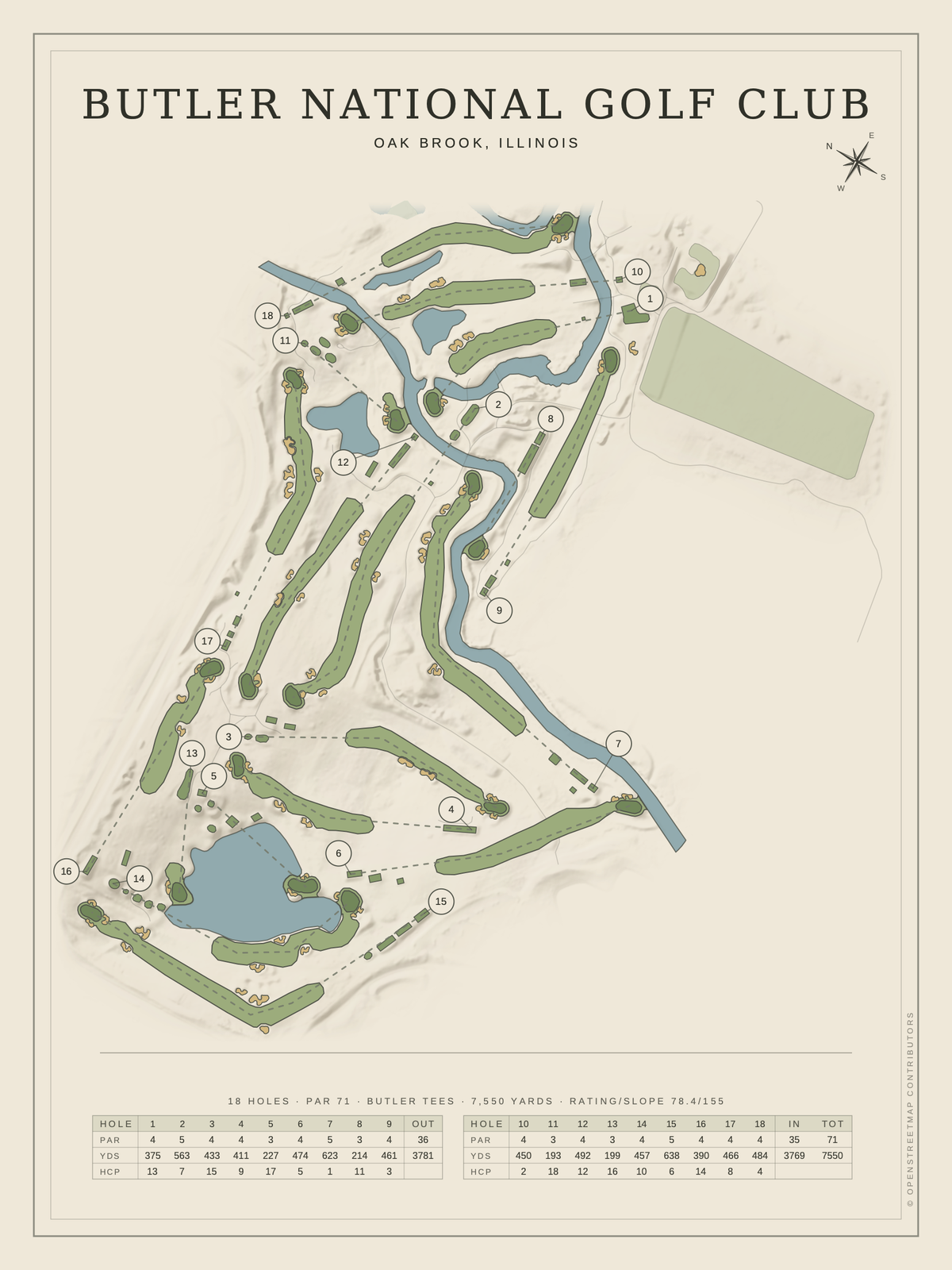 Butler National Golf Club course map poster, Classic style, 12×16 / 18×24