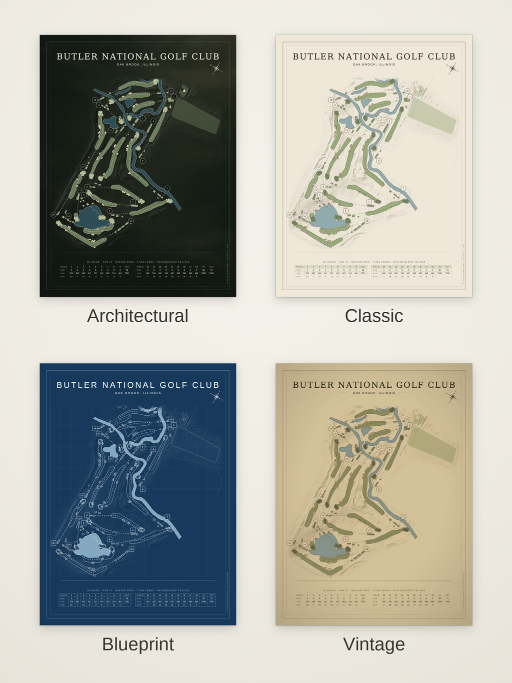 Butler National Golf Club course map poster in four styles: Architectural, Classic, Blueprint and Vintage