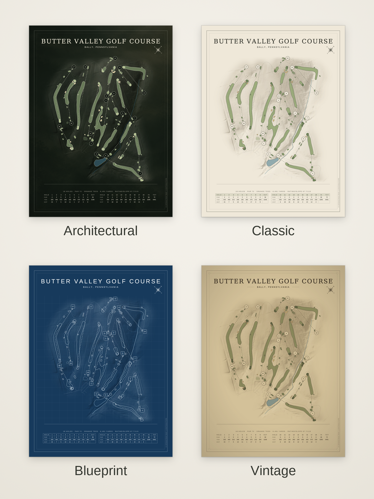 Butter Valley Golf Course map poster in four styles: Architectural, Classic, Blueprint and Vintage