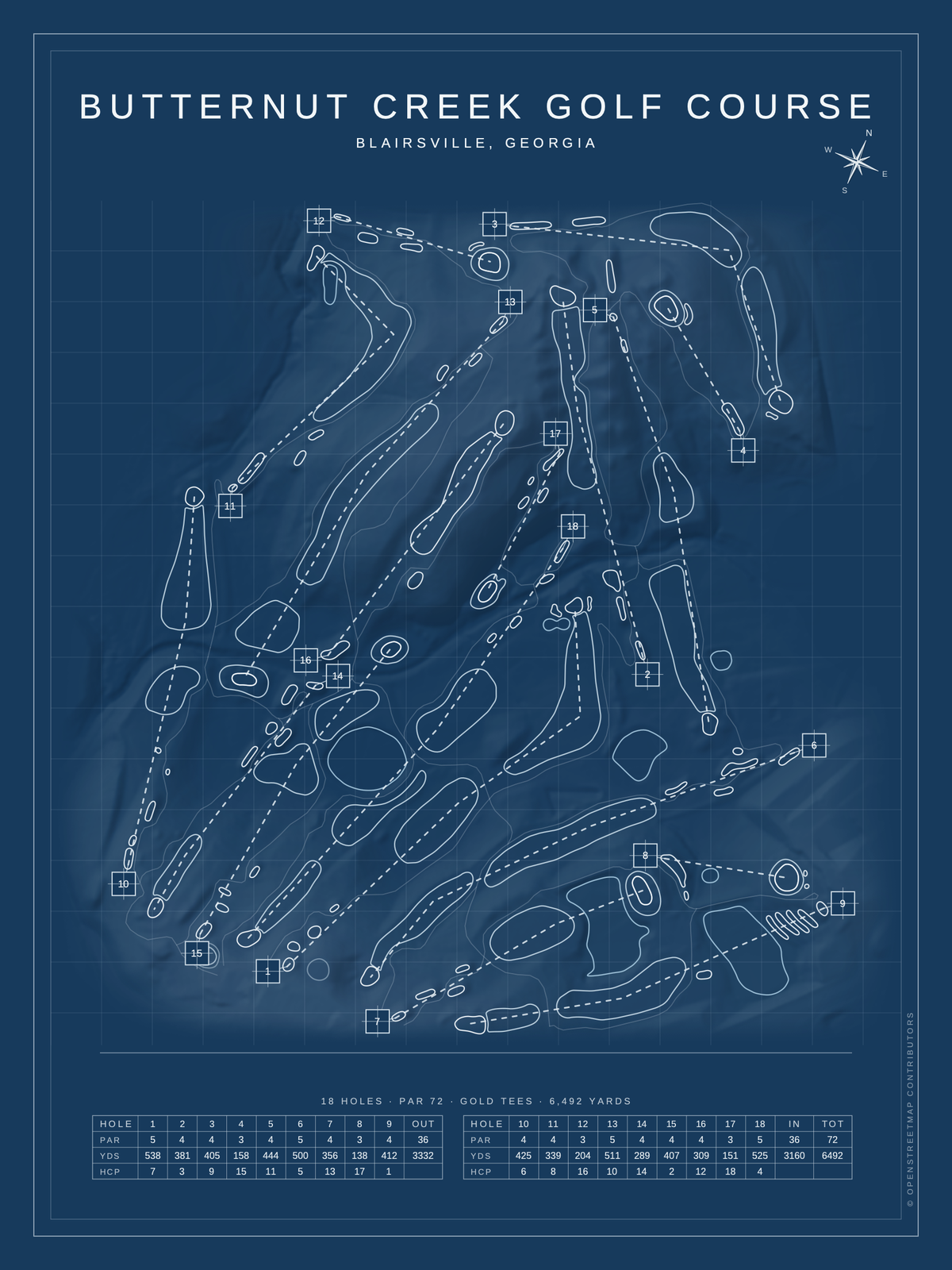 Butternut Creek Golf Course map poster, Blueprint style, 12×16 / 18×24