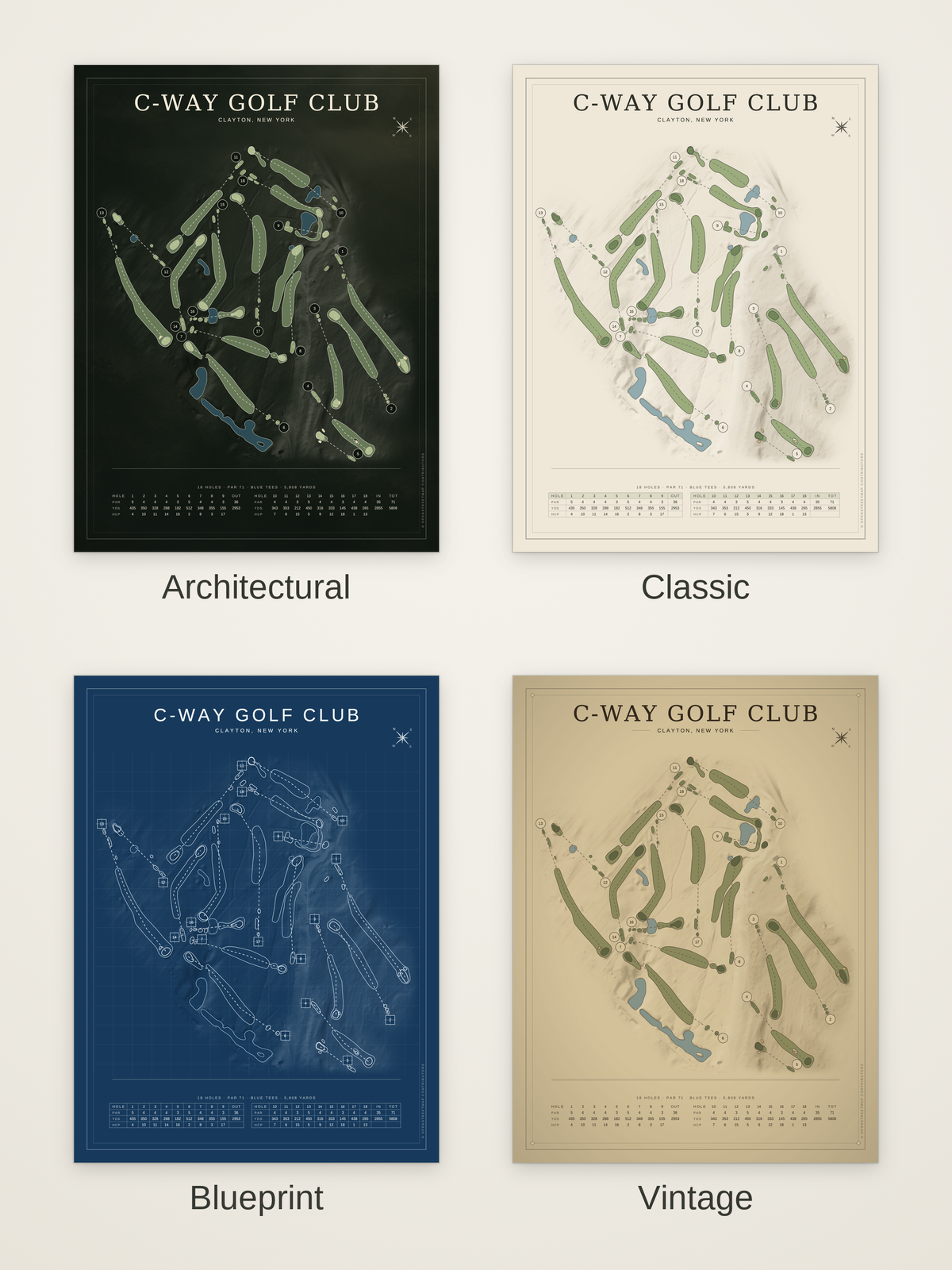 C-Way Golf Club course map poster in four styles: Architectural, Classic, Blueprint and Vintage