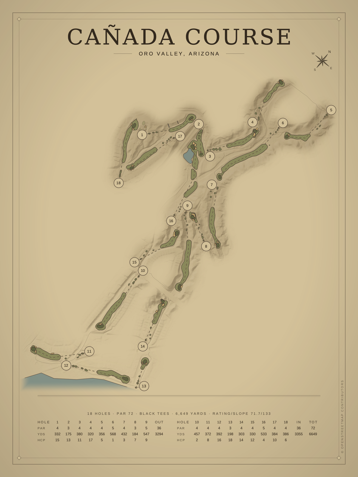 Cañada Course map poster, Vintage style, 12×16 / 18×24