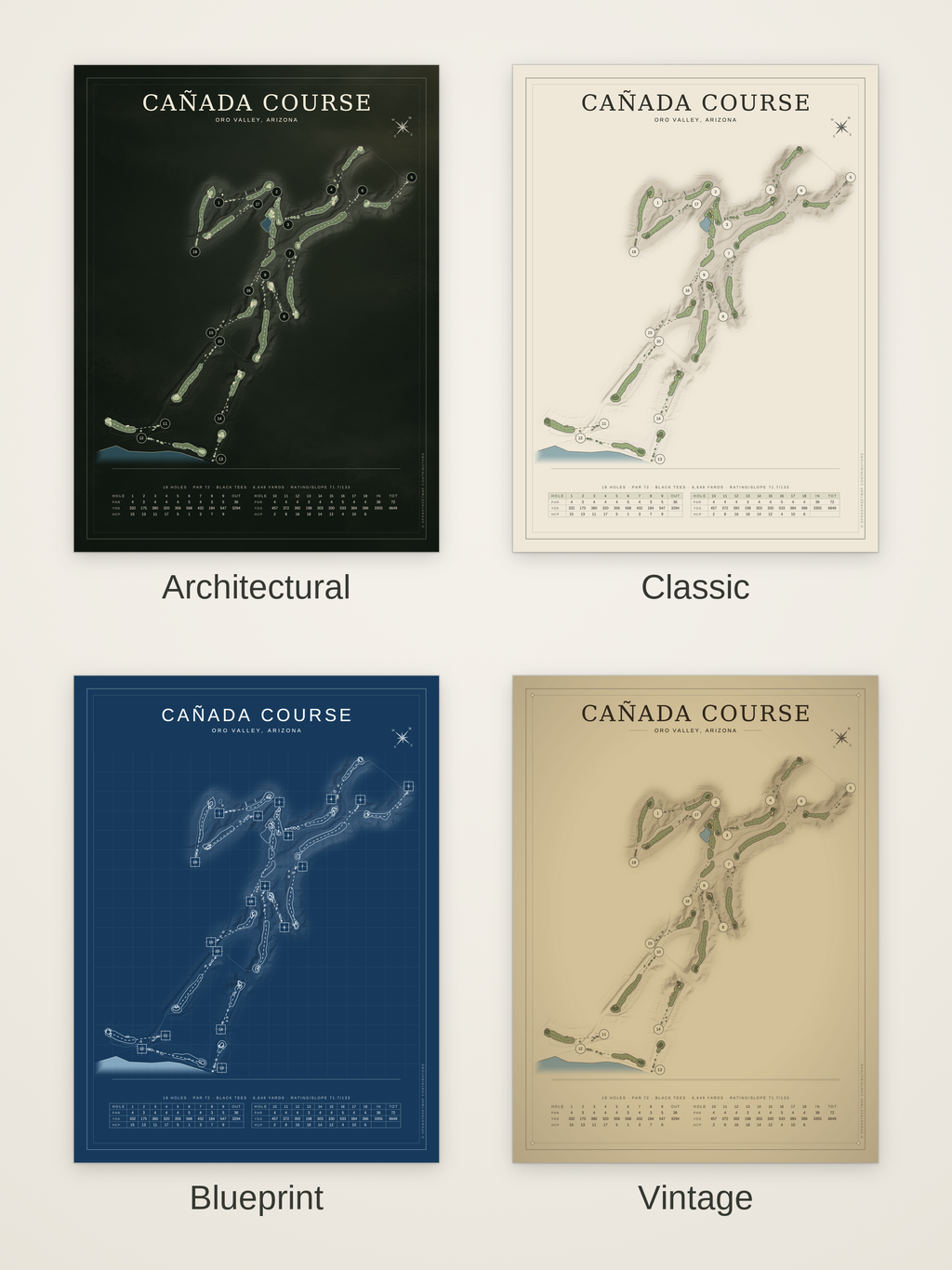 Cañada Course map poster in four styles: Architectural, Classic, Blueprint and Vintage