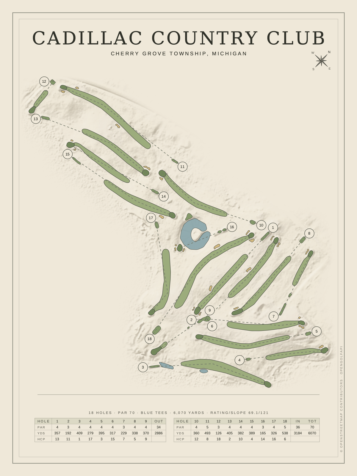 Cadillac Country Club course map poster, Classic style, 12×16 / 18×24
