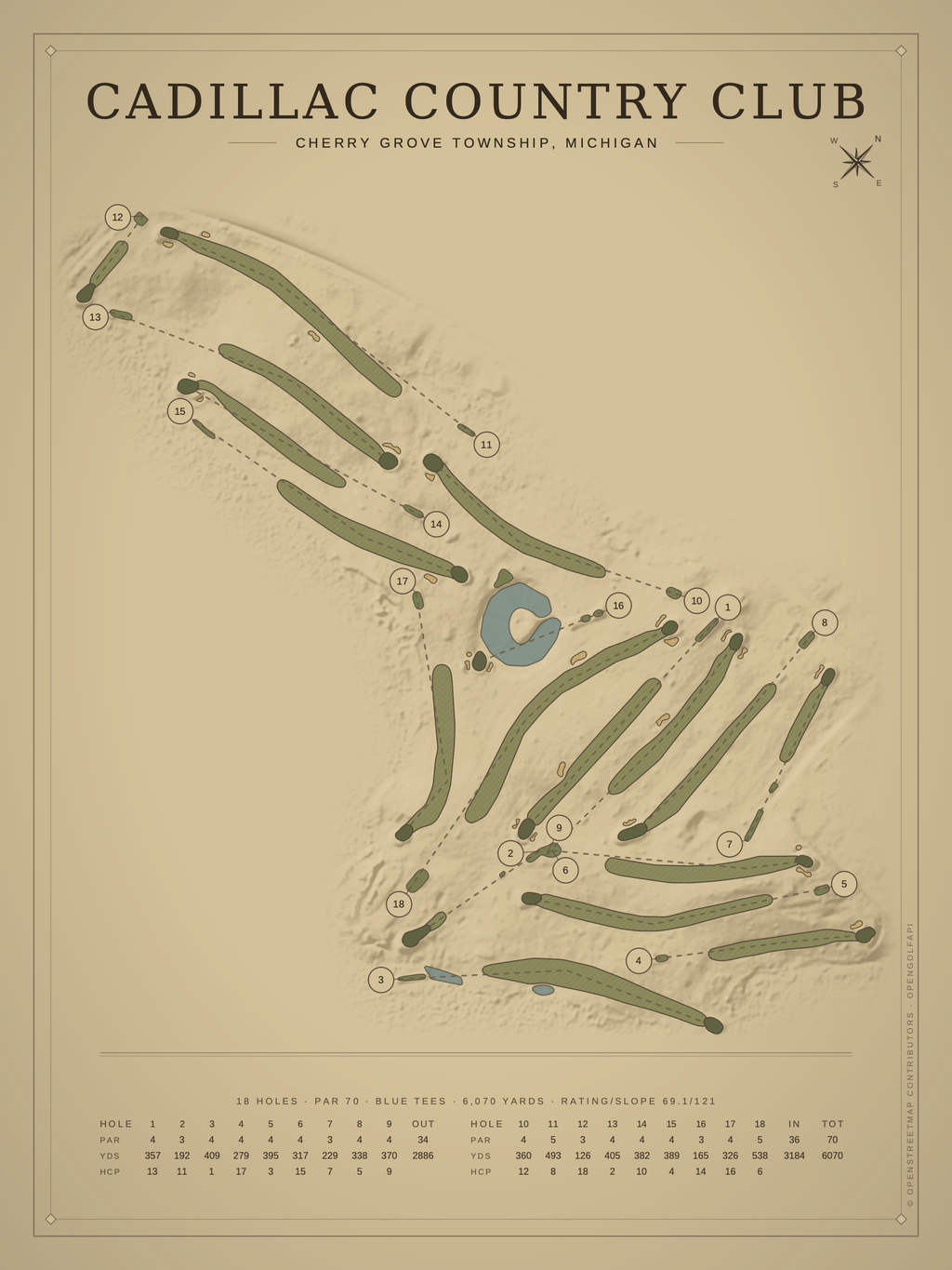 Cadillac Country Club course map poster, Vintage style, 12×16 / 18×24