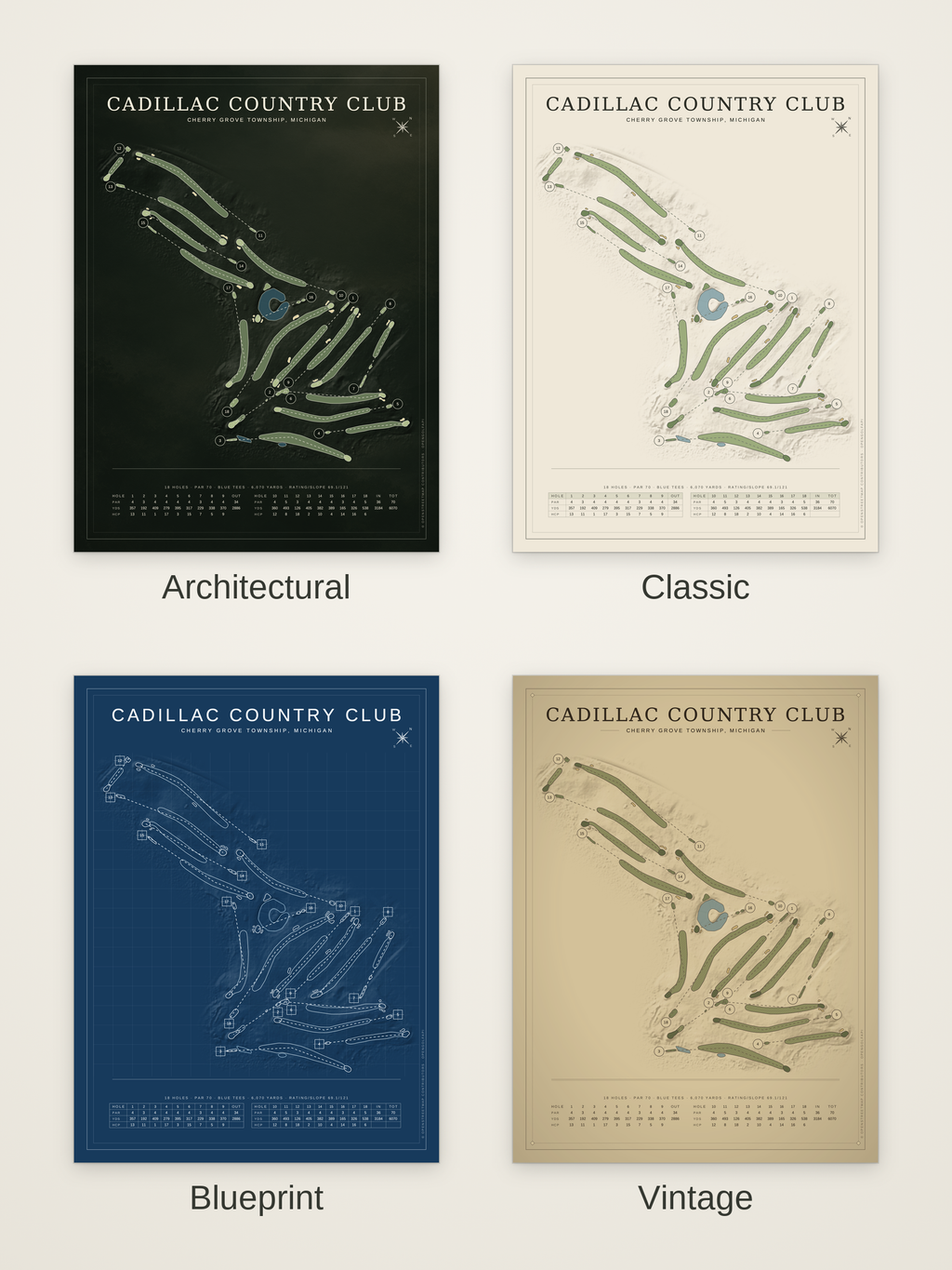 Cadillac Country Club course map poster in four styles: Architectural, Classic, Blueprint and Vintage