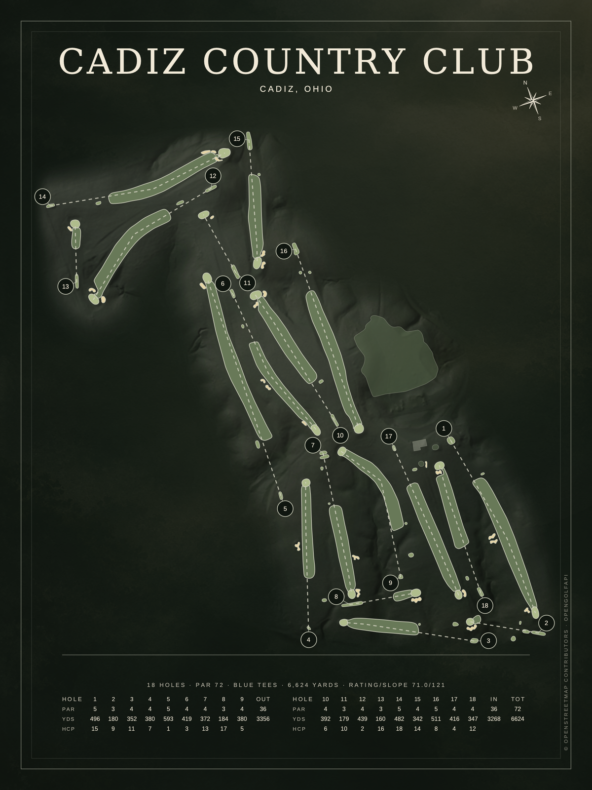Cadiz Country Club course map poster, Architectural style, 12×16 / 18×24