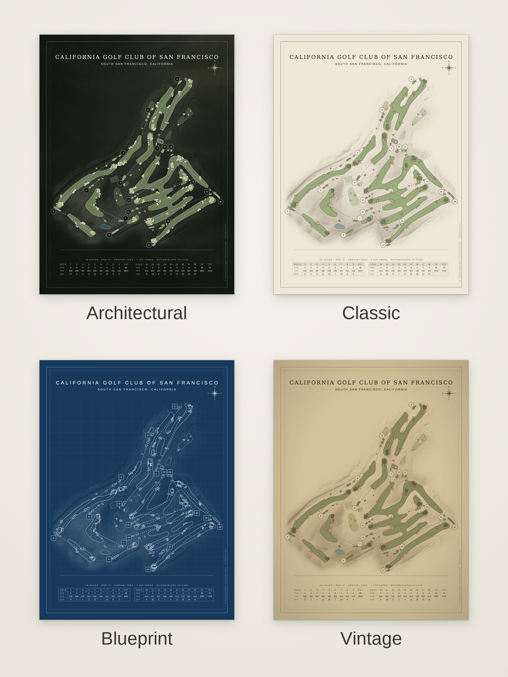 California Golf Club of San Francisco course map poster in four styles: Architectural, Classic, Blueprint and Vintage