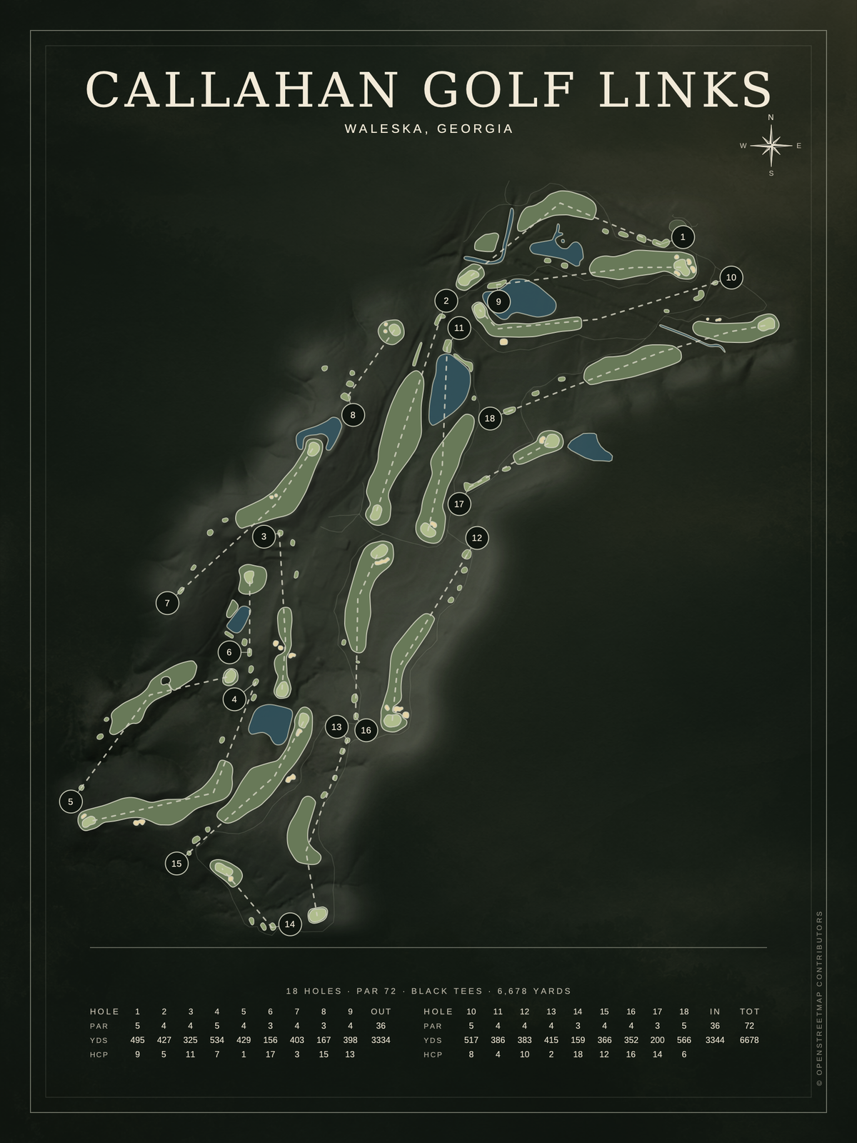 Callahan Golf Links course map poster, Architectural style, 12×16 / 18×24