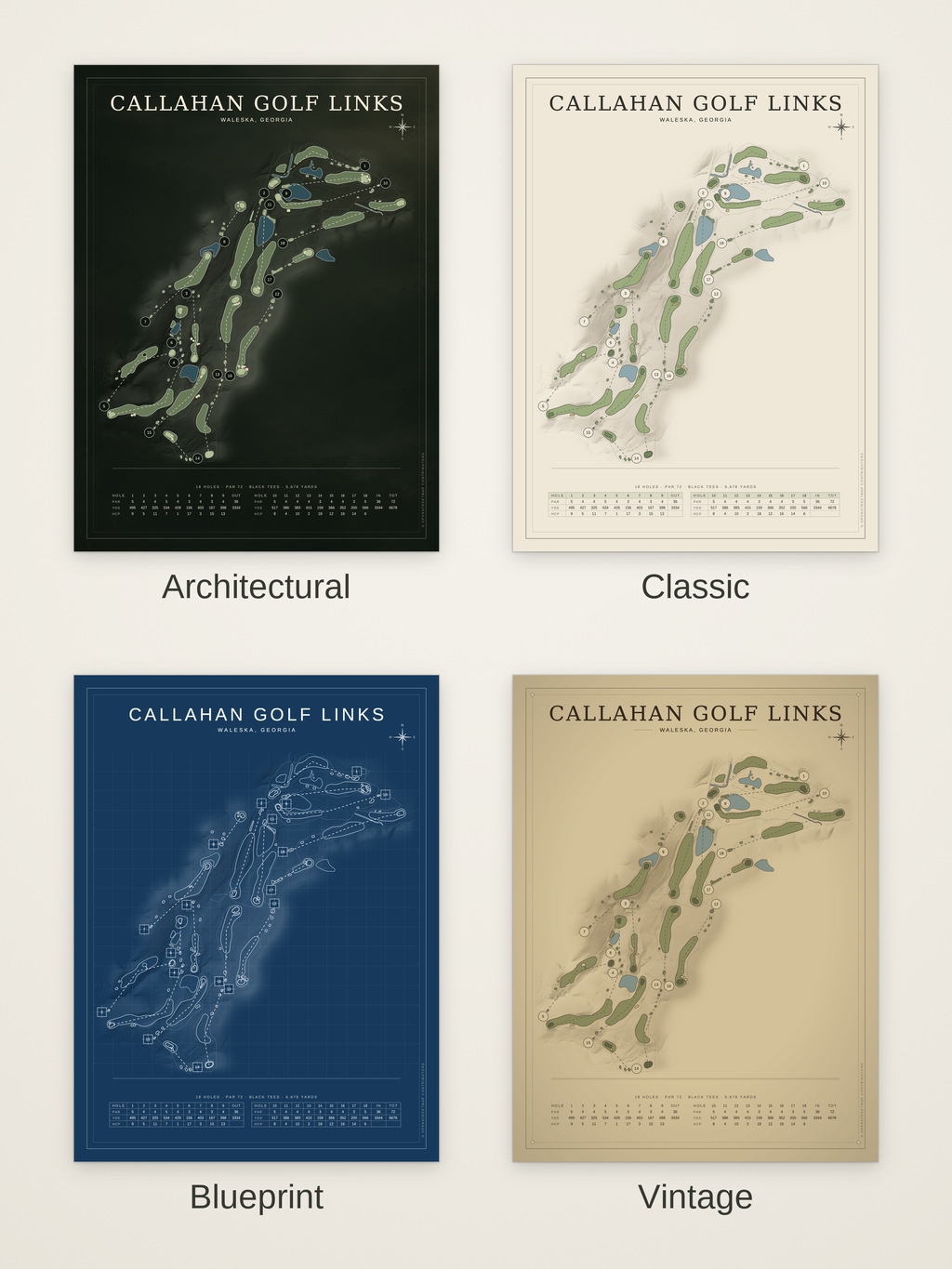 Callahan Golf Links course map poster in four styles: Architectural, Classic, Blueprint and Vintage