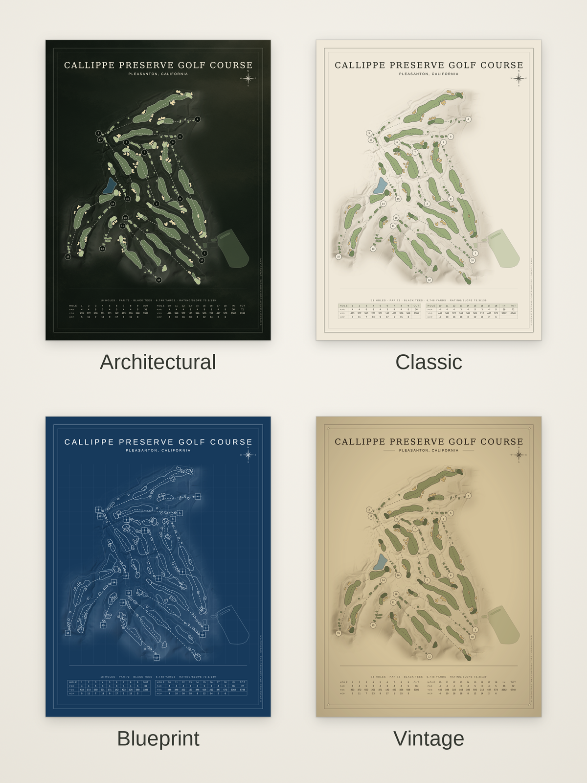 Callippe Preserve Golf Course map poster in four styles: Architectural, Classic, Blueprint and Vintage