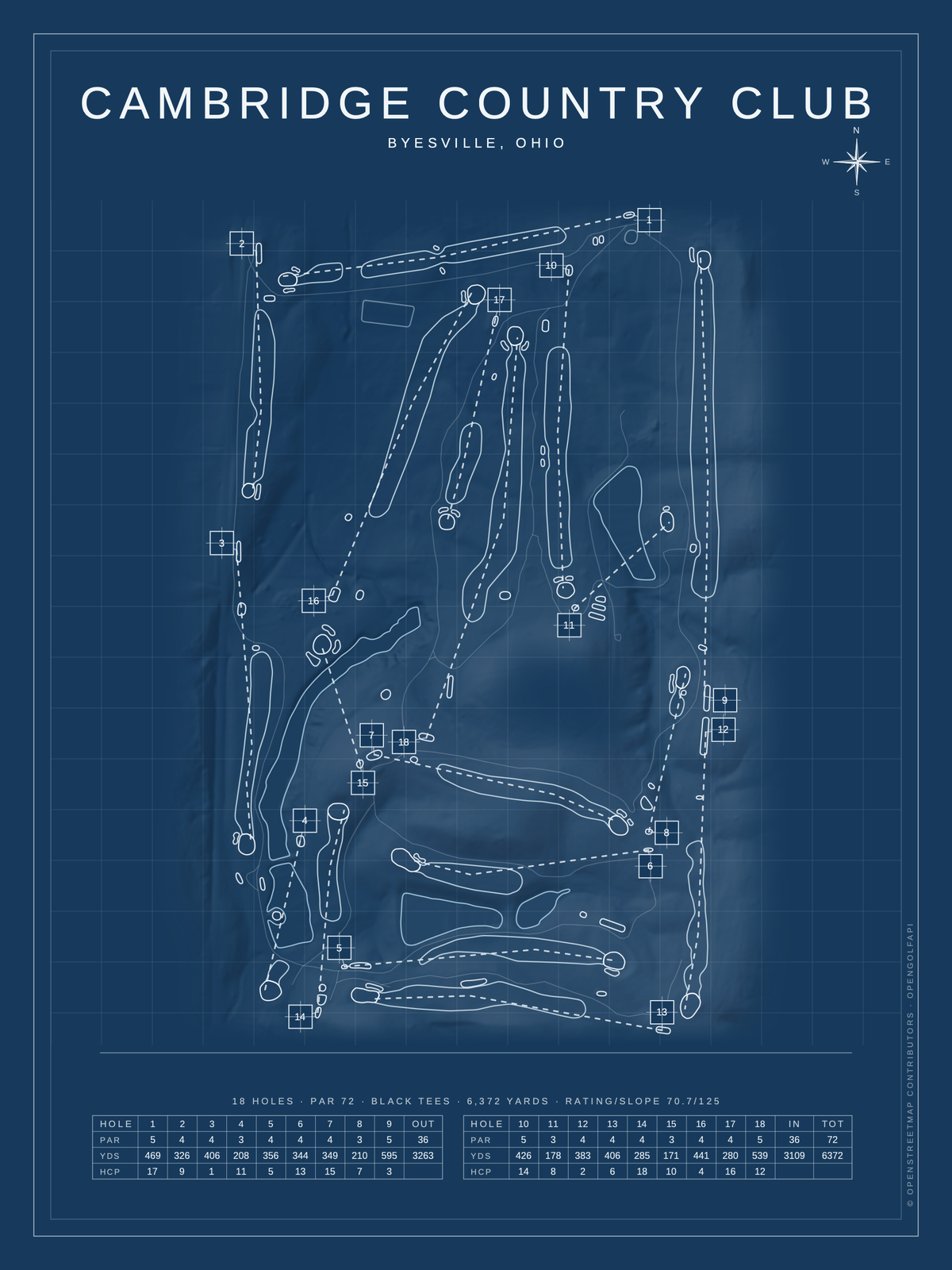 Cambridge Country Club course map poster, Blueprint style, 12×16 / 18×24