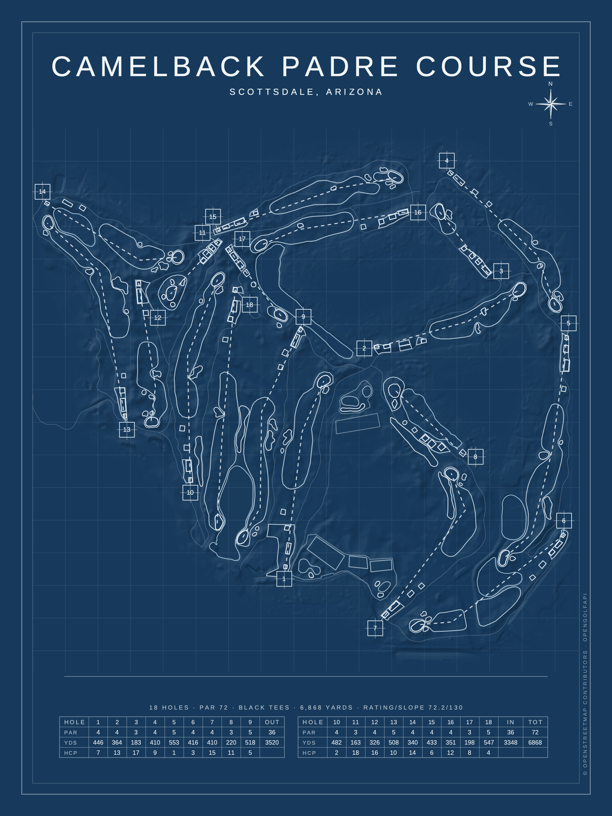 Camelback Padre Course map poster, Blueprint style, 12×16 / 18×24