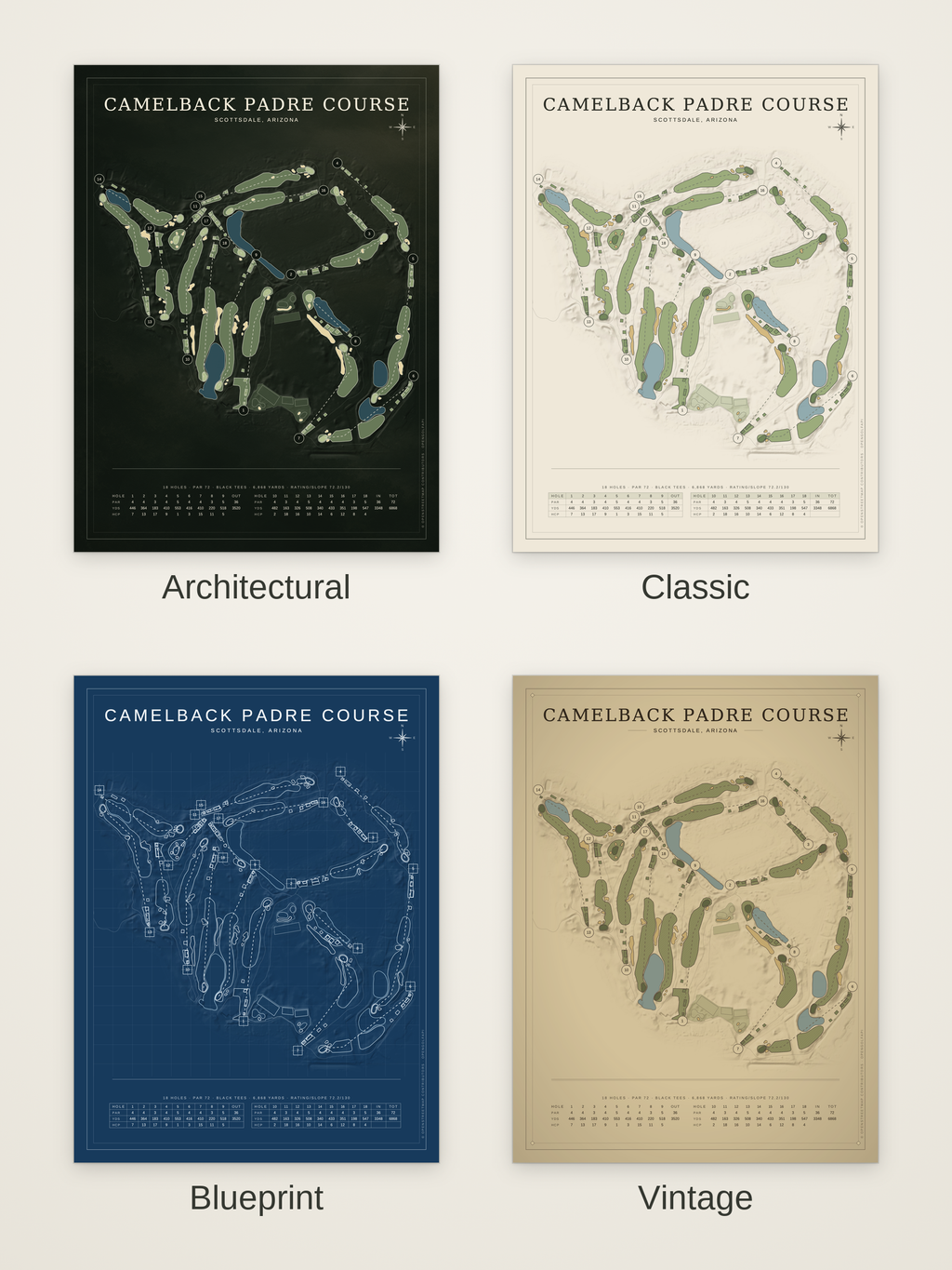Camelback Padre Course map poster in four styles: Architectural, Classic, Blueprint and Vintage