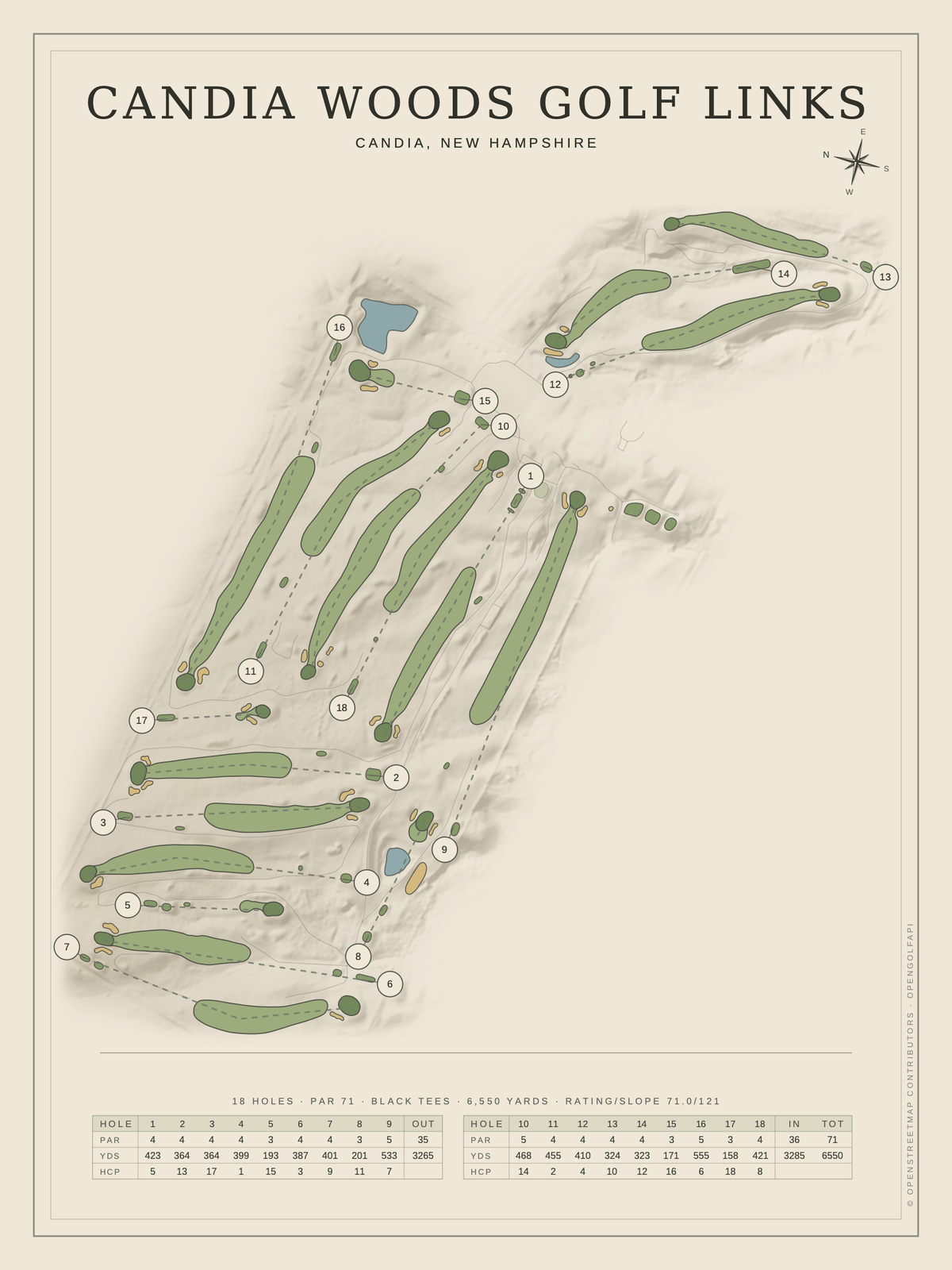 Candia Woods Golf Links course map poster, Classic style, 12×16 / 18×24