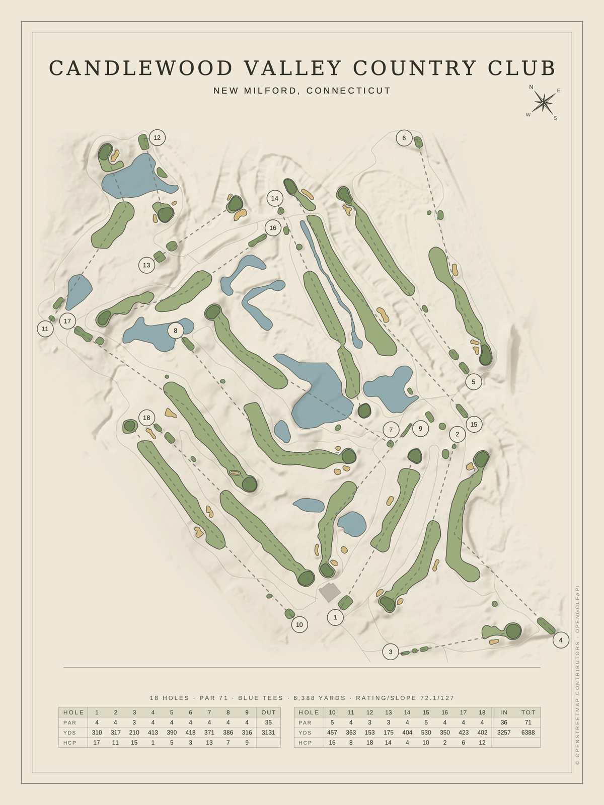 Candlewood Valley Country Club course map poster, Classic style, 12×16 / 18×24