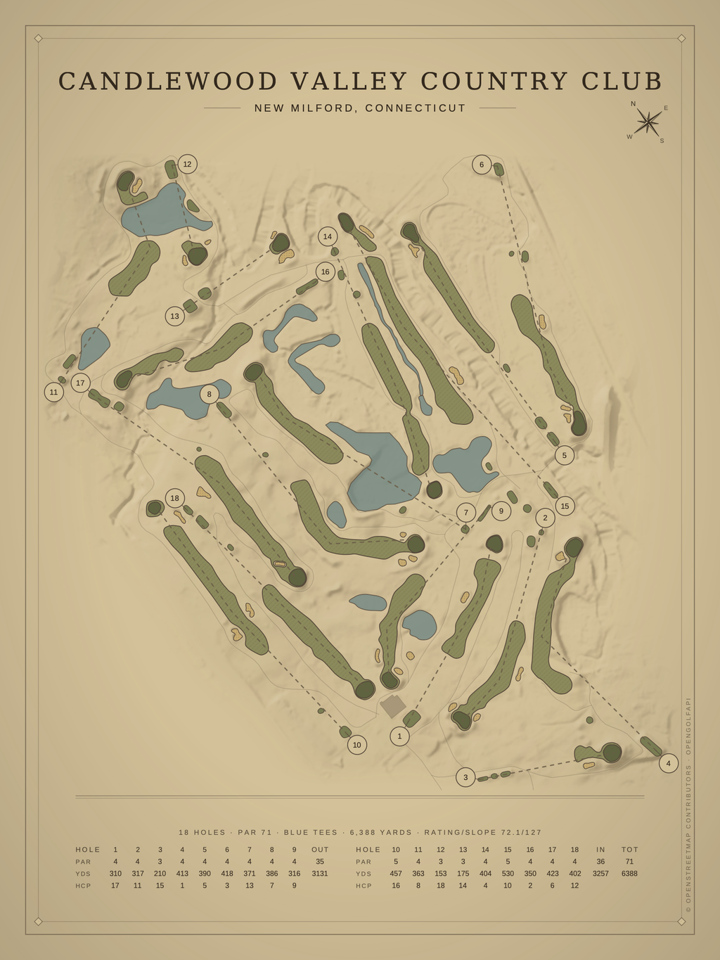 Candlewood Valley Country Club course map poster, Vintage style, 12×16 / 18×24