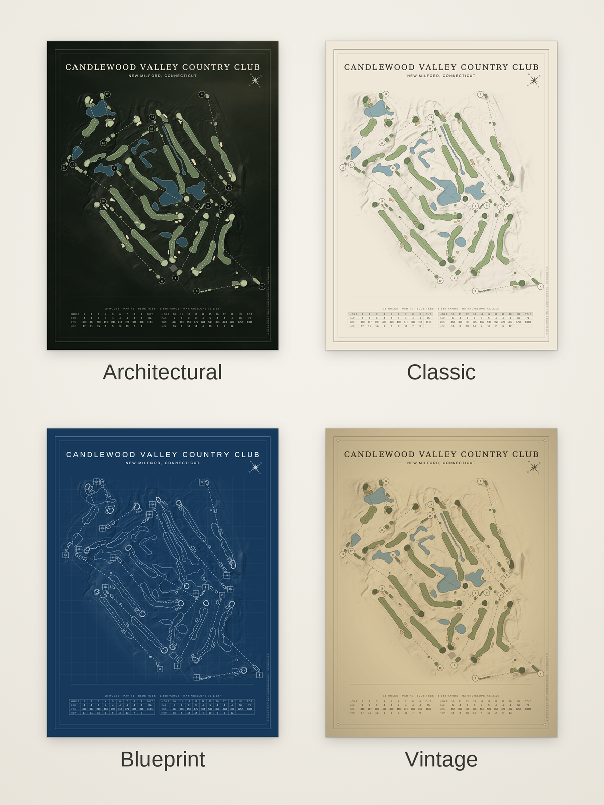 Candlewood Valley Country Club course map poster in four styles: Architectural, Classic, Blueprint and Vintage