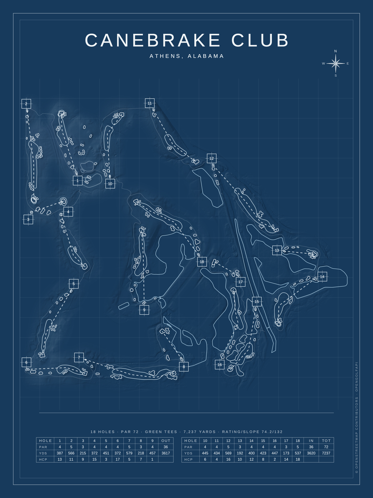 Canebrake Club course map poster, Blueprint style, 12×16 / 18×24