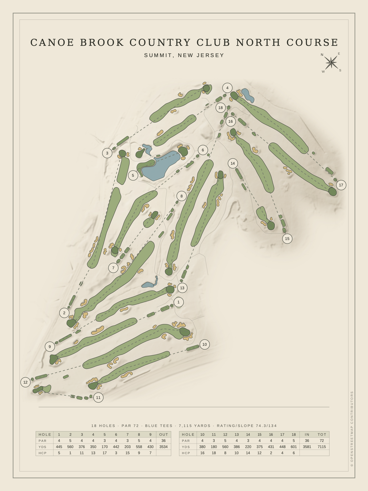 Canoe Brook Country Club North Course map poster, Classic style, 12×16 / 18×24