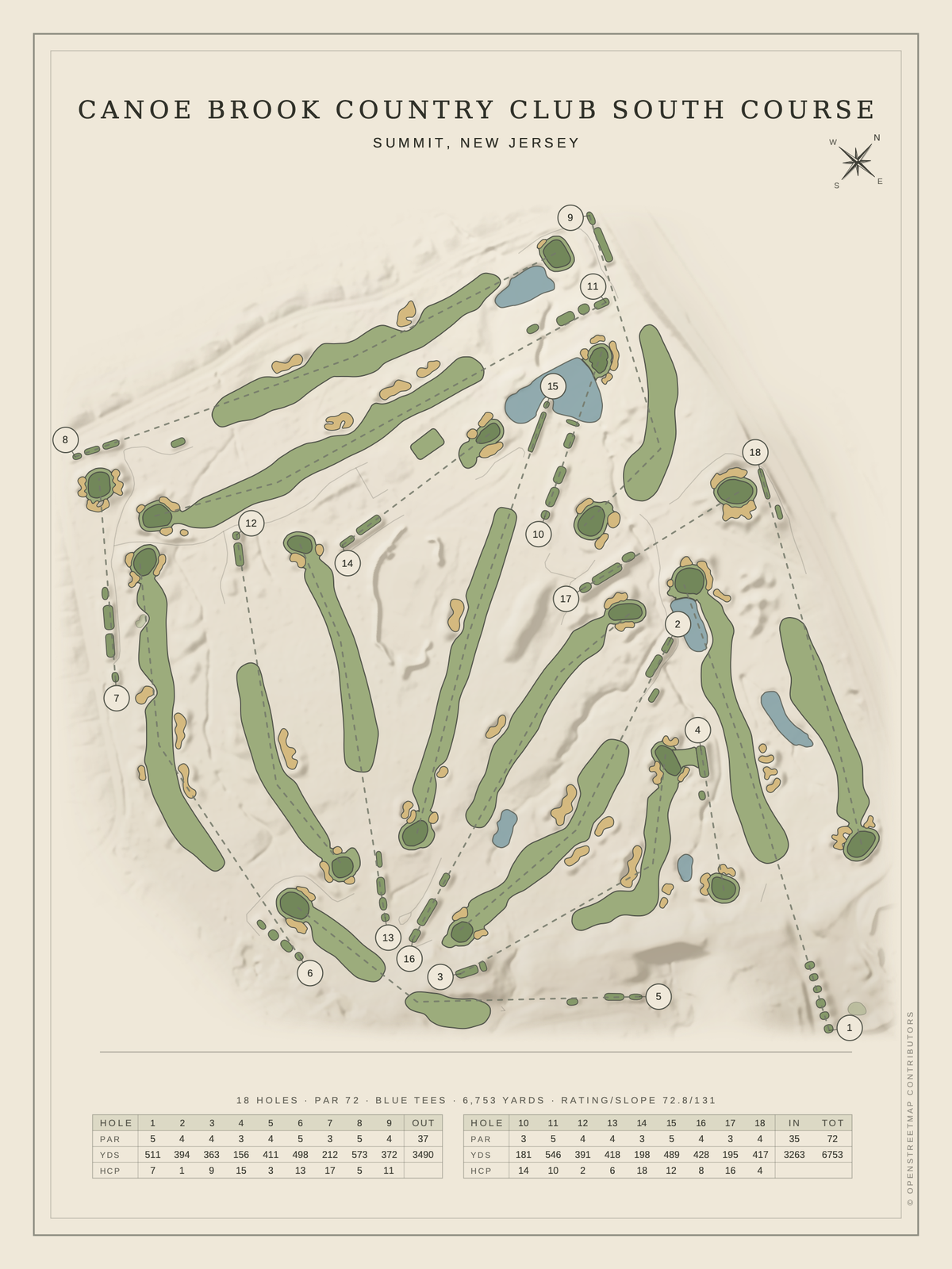 Canoe Brook Country Club South Course map poster, Classic style, 12×16 / 18×24