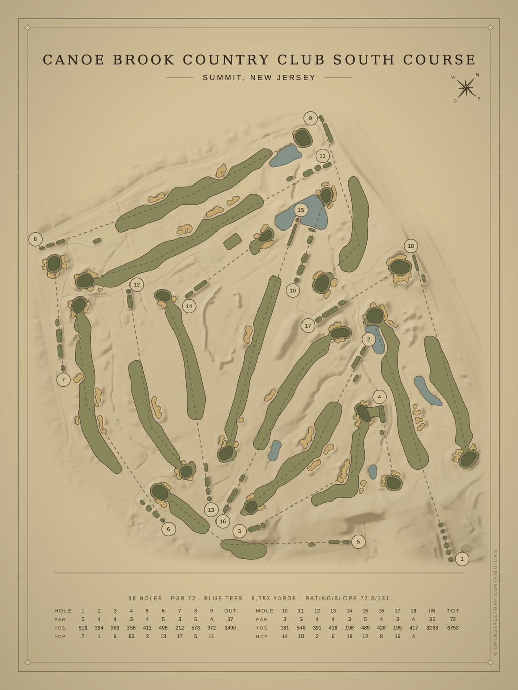 Canoe Brook Country Club South Course map poster, Vintage style, 12×16 / 18×24