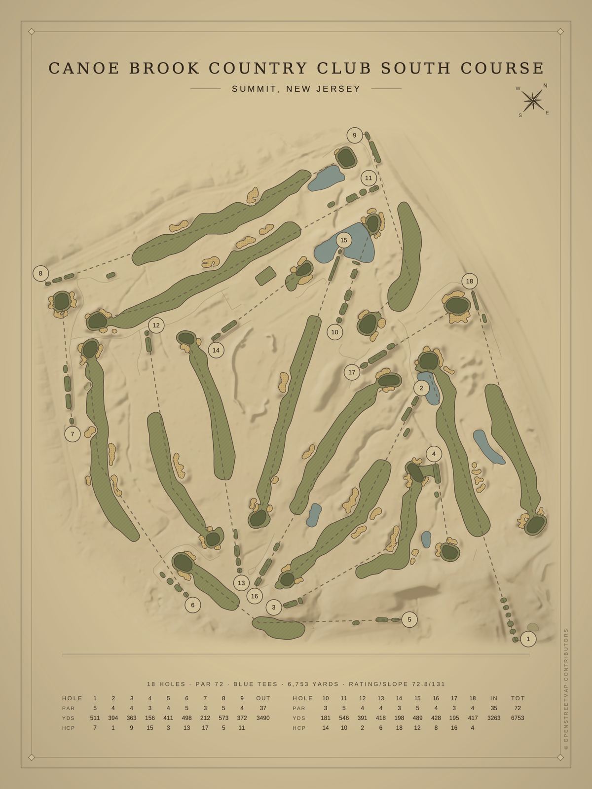Canoe Brook Country Club South Course map poster, Vintage style, 12×16 / 18×24
