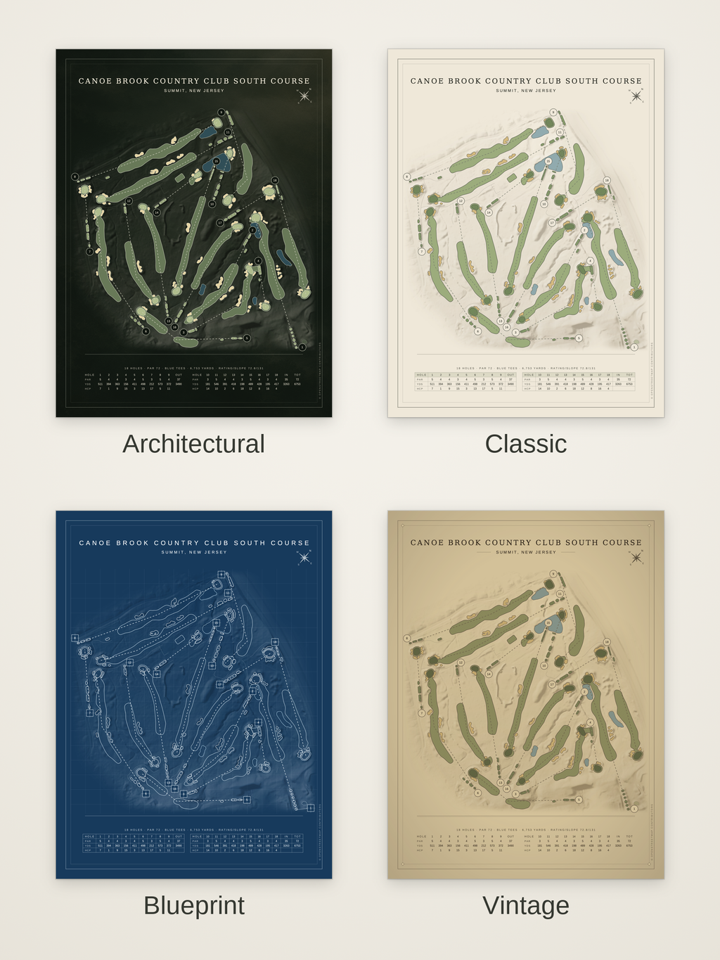 Canoe Brook Country Club South Course map poster in four styles: Architectural, Classic, Blueprint and Vintage