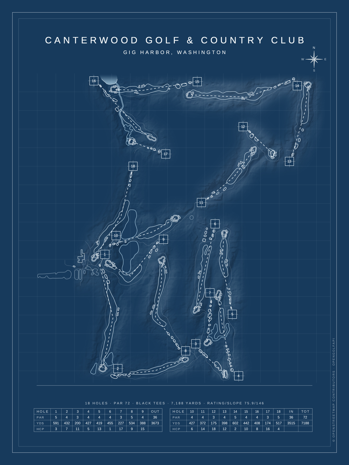 Canterwood Golf & Country Club course map poster, Blueprint style, 12×16 / 18×24